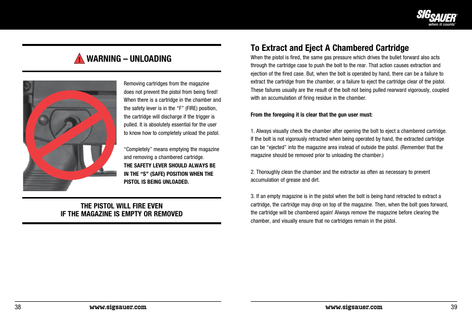 Warning – unloading | SIG SAUER P522 Pistol User Manual | Page 20 / 31