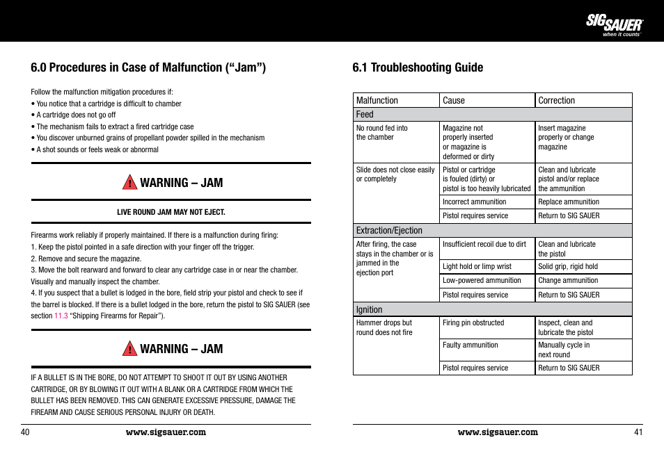 0 procedures in case of malfunction (“jam”), Warning – jam, 1 troubleshooting guide | SIG SAUER P522 Pistol User Manual | Page 21 / 31