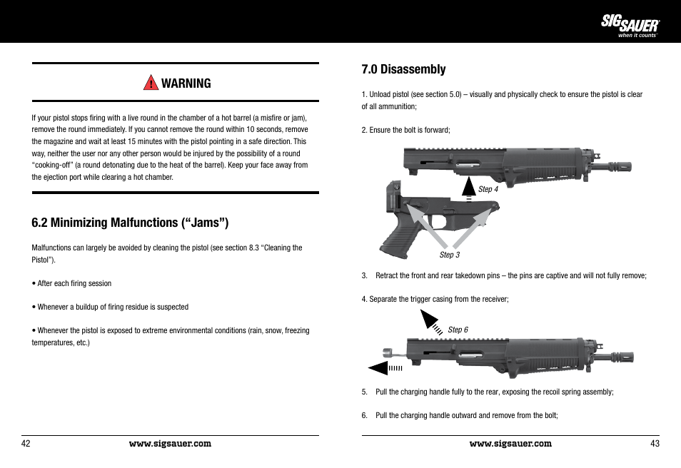 Warning, 2 minimizing malfunctions (“jams”), 0 disassembly | SIG SAUER P522 Pistol User Manual | Page 22 / 31