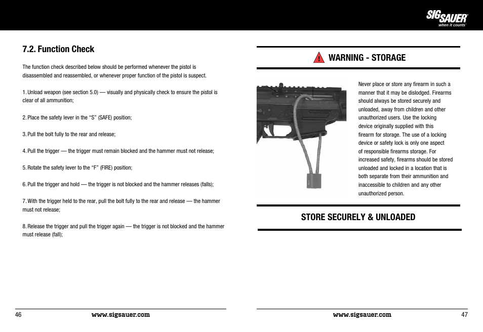 Function check, Warning - storage, Store securely & unloaded | SIG SAUER P522 Pistol User Manual | Page 24 / 31