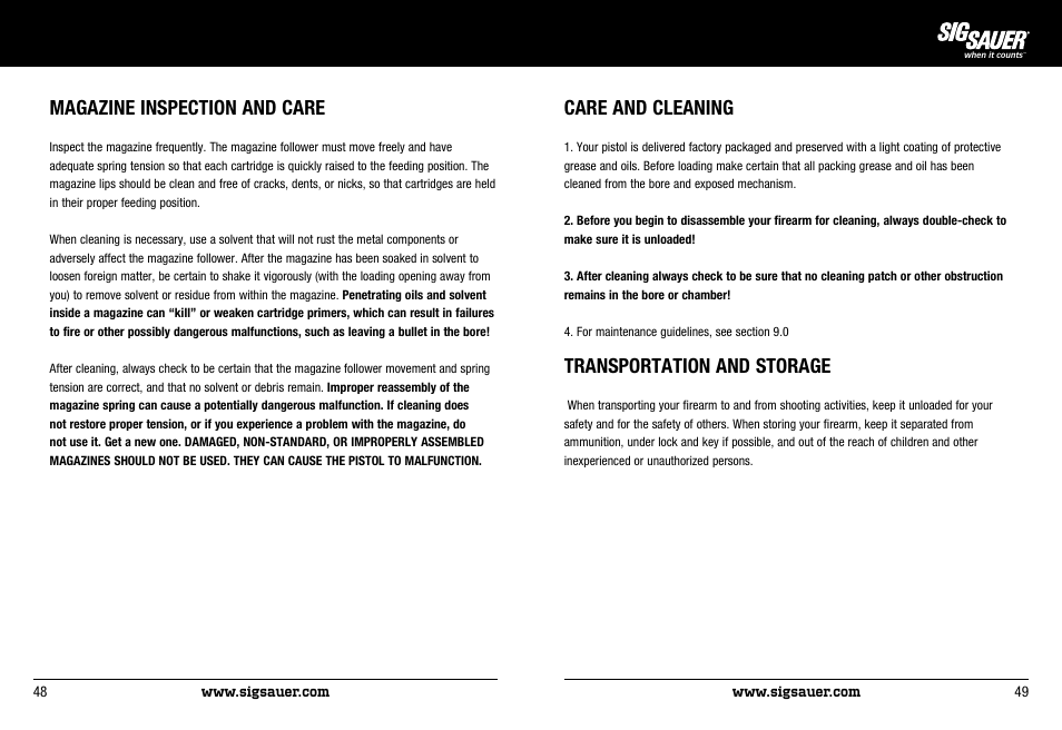 Magazine inspection and care, Care and cleaning, Transportation and storage | SIG SAUER P522 Pistol User Manual | Page 25 / 31