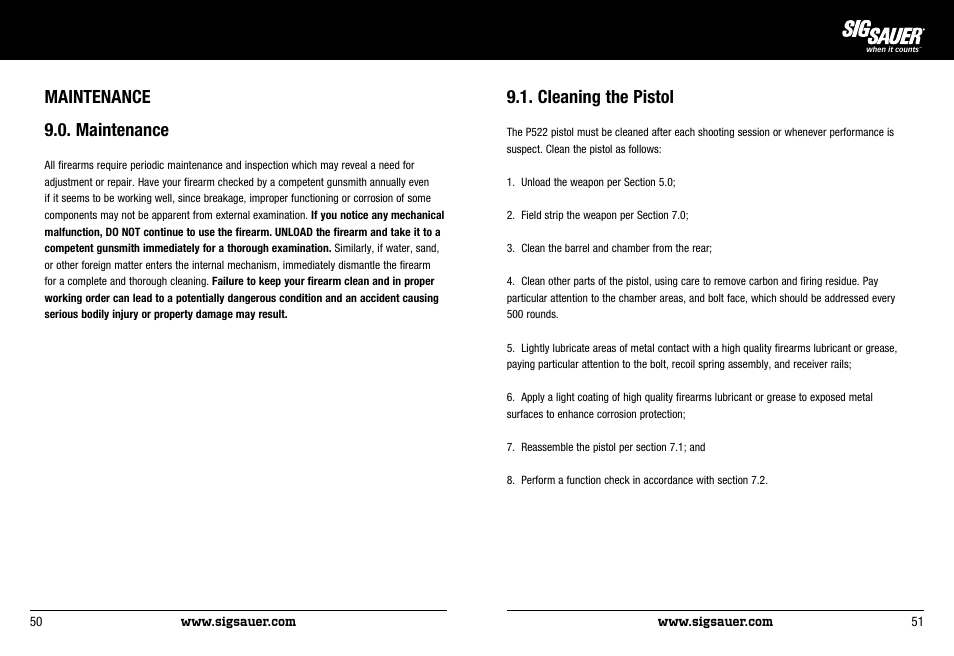 Maintenance 9.0. maintenance, Cleaning the pistol | SIG SAUER P522 Pistol User Manual | Page 26 / 31