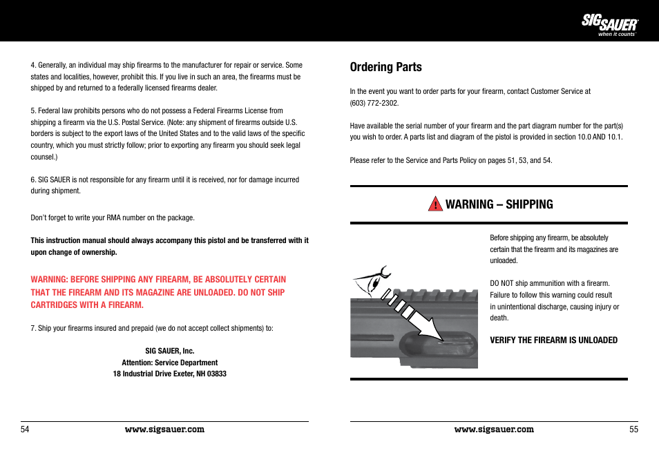 Ordering parts, Warning – shipping | SIG SAUER P522 Pistol User Manual | Page 28 / 31