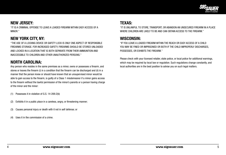 Texas, Wisconsin, New jersey | New york city, ny, North carolina | SIG SAUER P522 Pistol User Manual | Page 3 / 31