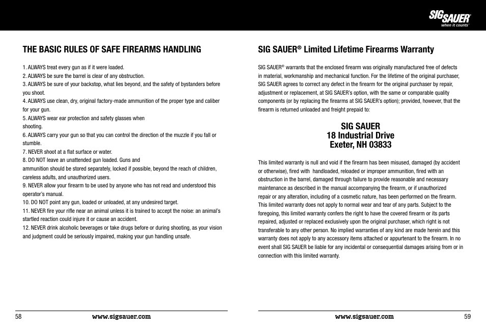 The basic rules of safe firearms handling, Sig sauer, Limited lifetime firearms warranty | SIG SAUER P522 Pistol User Manual | Page 30 / 31