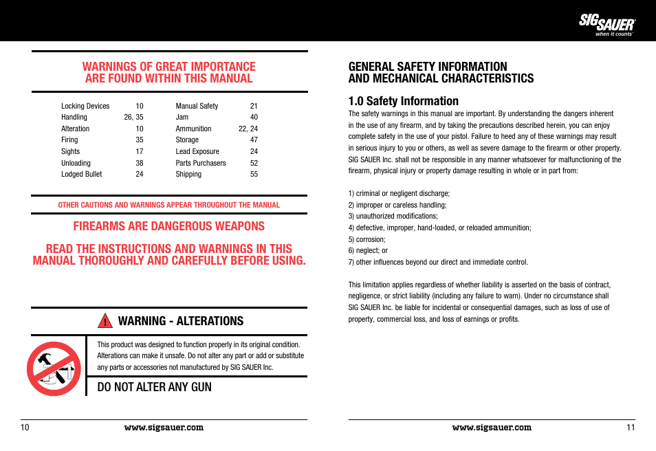 Do not alter any gun | SIG SAUER P522 Pistol User Manual | Page 6 / 31