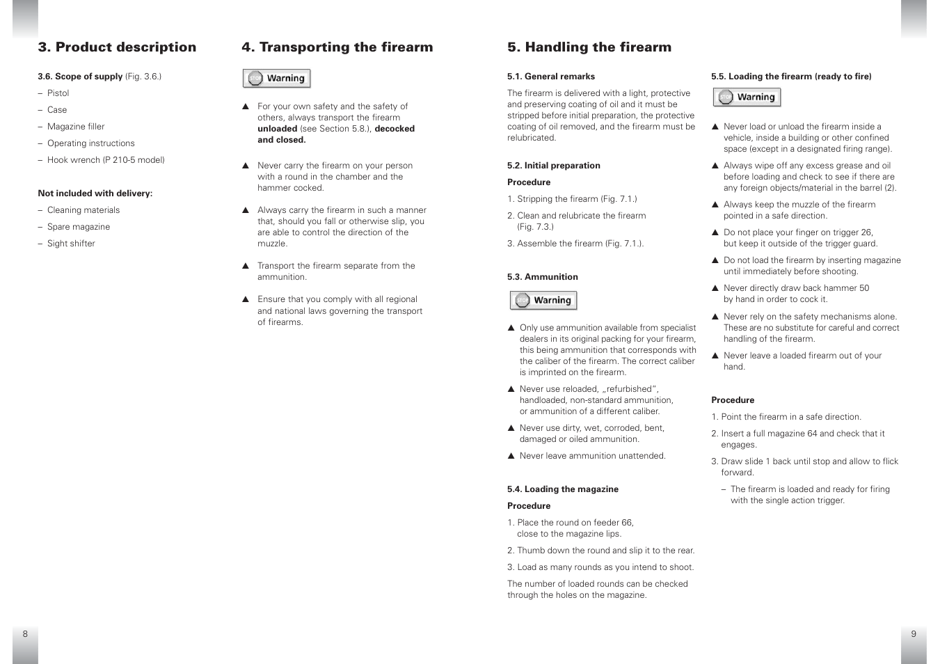 Handling the firearm, Product description 4. transporting the firearm | SIG SAUER P210 User Manual | Page 13 / 20