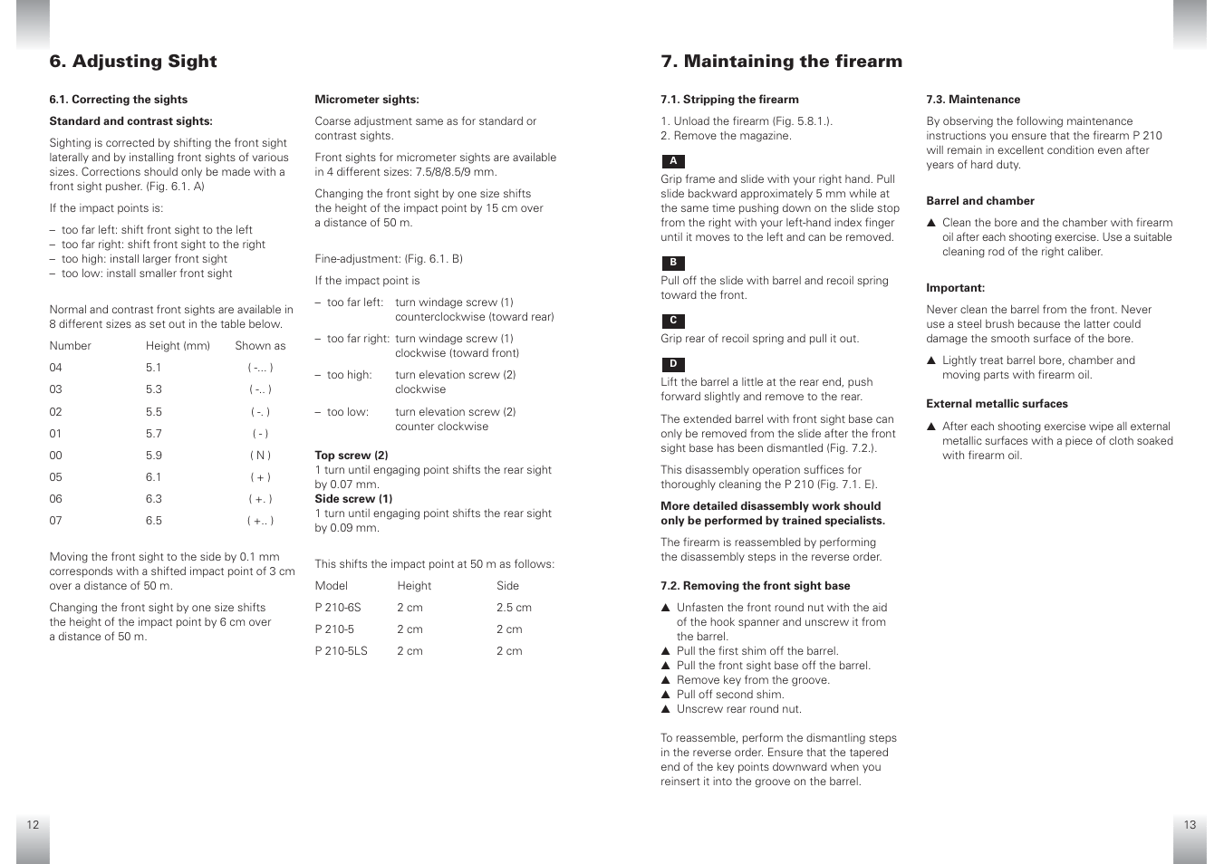 Maintaining the firearm, Adjusting sight | SIG SAUER P210 User Manual | Page 17 / 20