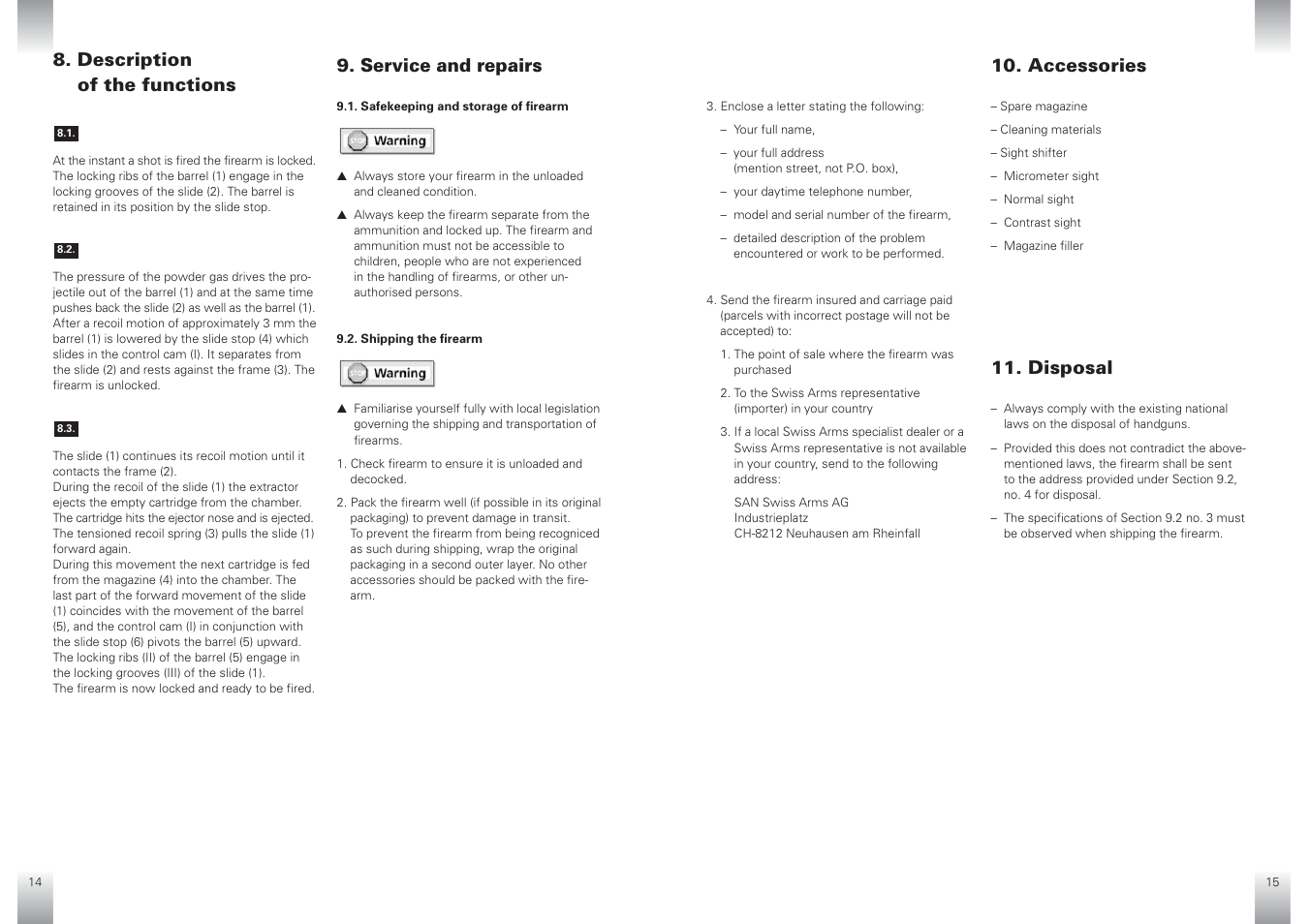 Service and repairs, Description of the functions, Accessories | Disposal | SIG SAUER P210 User Manual | Page 19 / 20