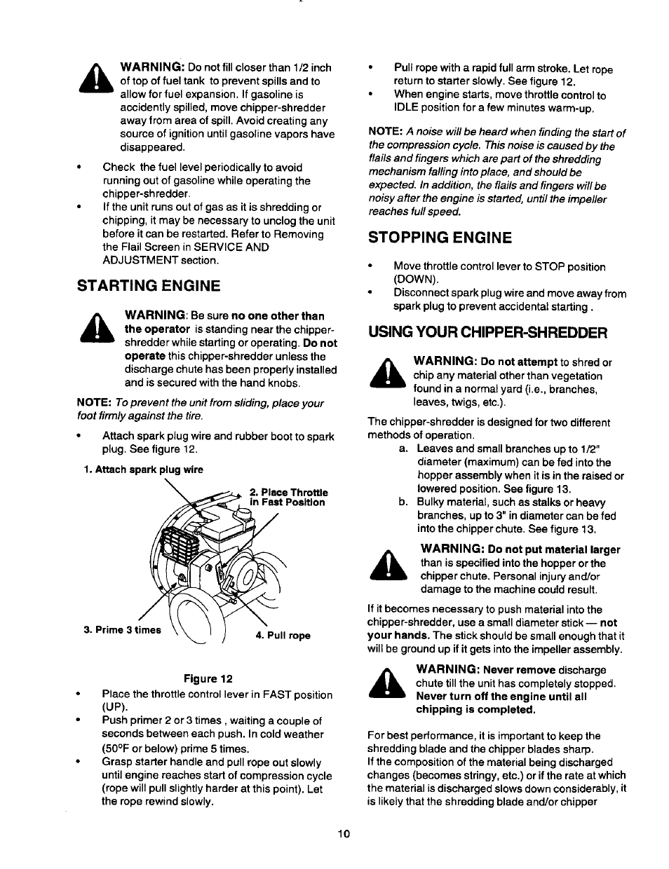 Starting engine, Stopping engine, Using your chipper-shredder | Craftsman 247.775870 User Manual | Page 10 / 25