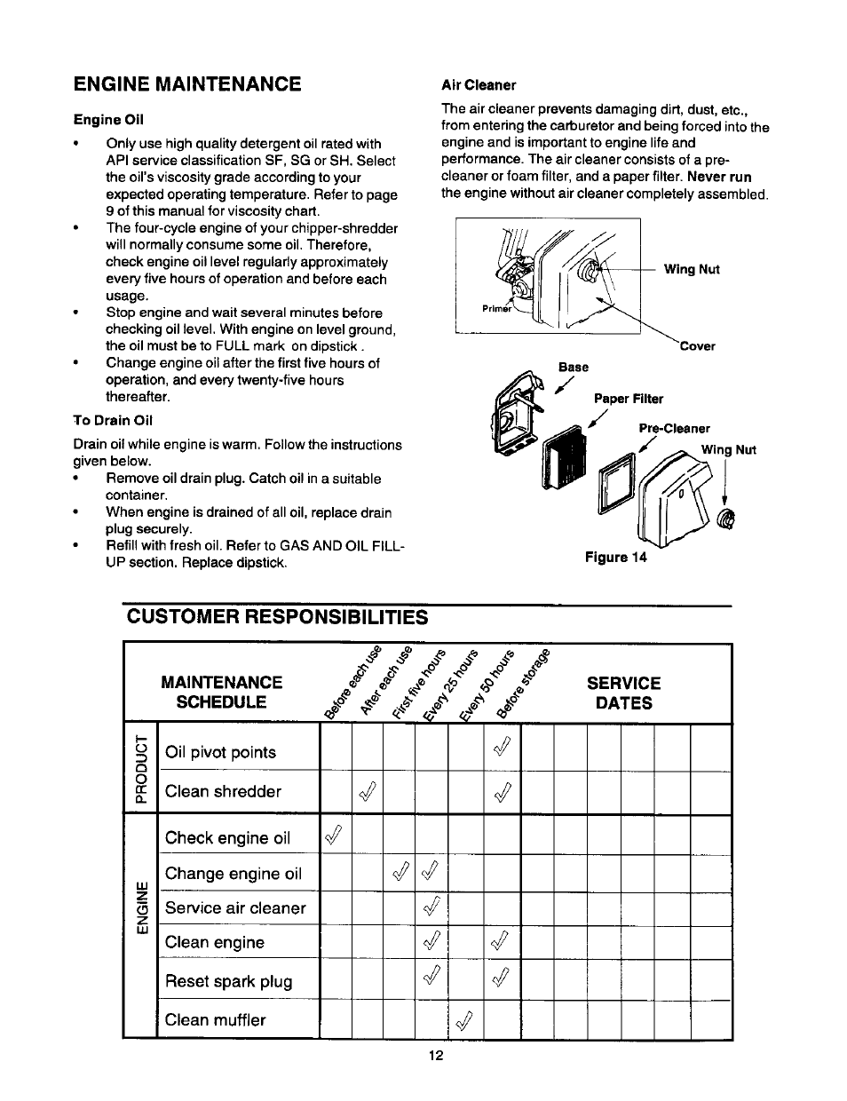 Engine maintenance, Customer responsibilities | Craftsman 247.775870 User Manual | Page 12 / 25