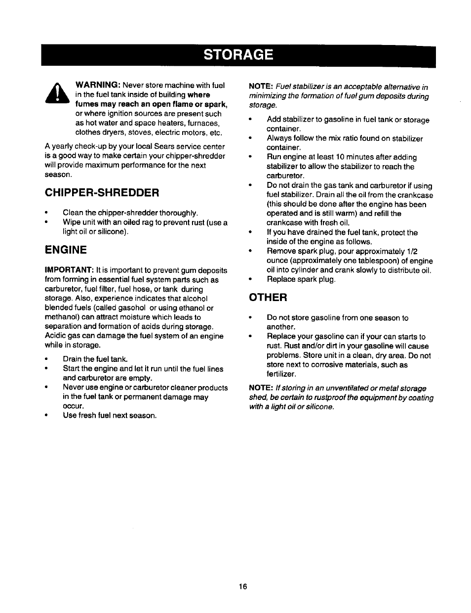 Chipper-shredder, Engine, Other | Storage | Craftsman 247.775870 User Manual | Page 16 / 25