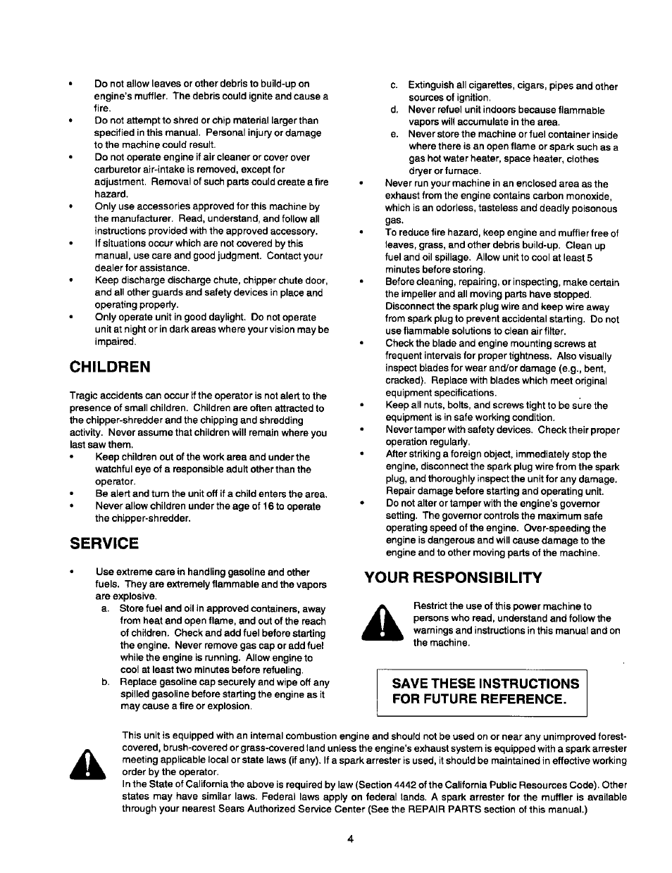 Children, Service, Your responsibility | Save these instructions for future reference | Craftsman 247.775870 User Manual | Page 4 / 25