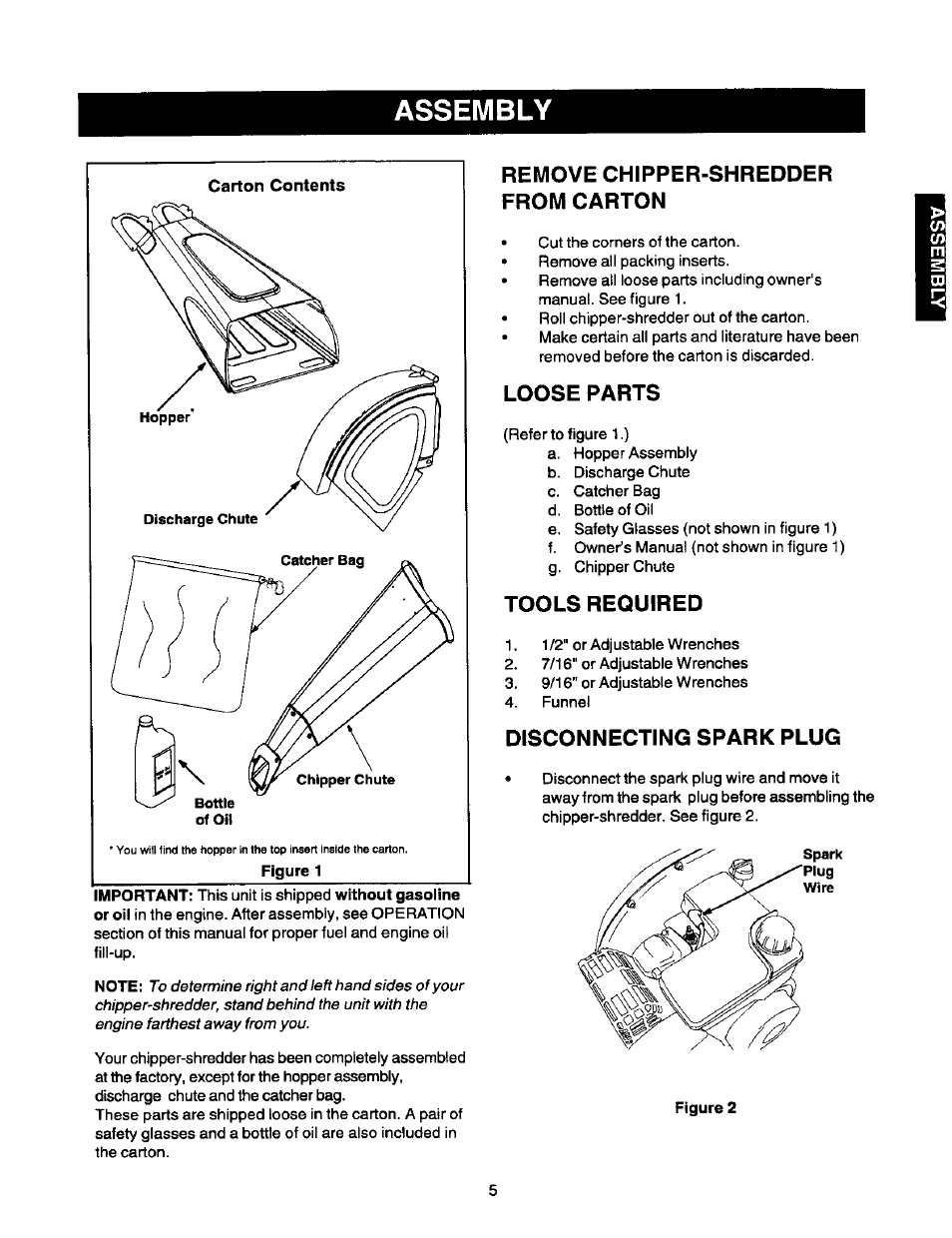 Remove chipper-shredder from carton, Loose parts, Tools required | Disconnecting spark plug, Assembly | Craftsman 247.775870 User Manual | Page 5 / 25