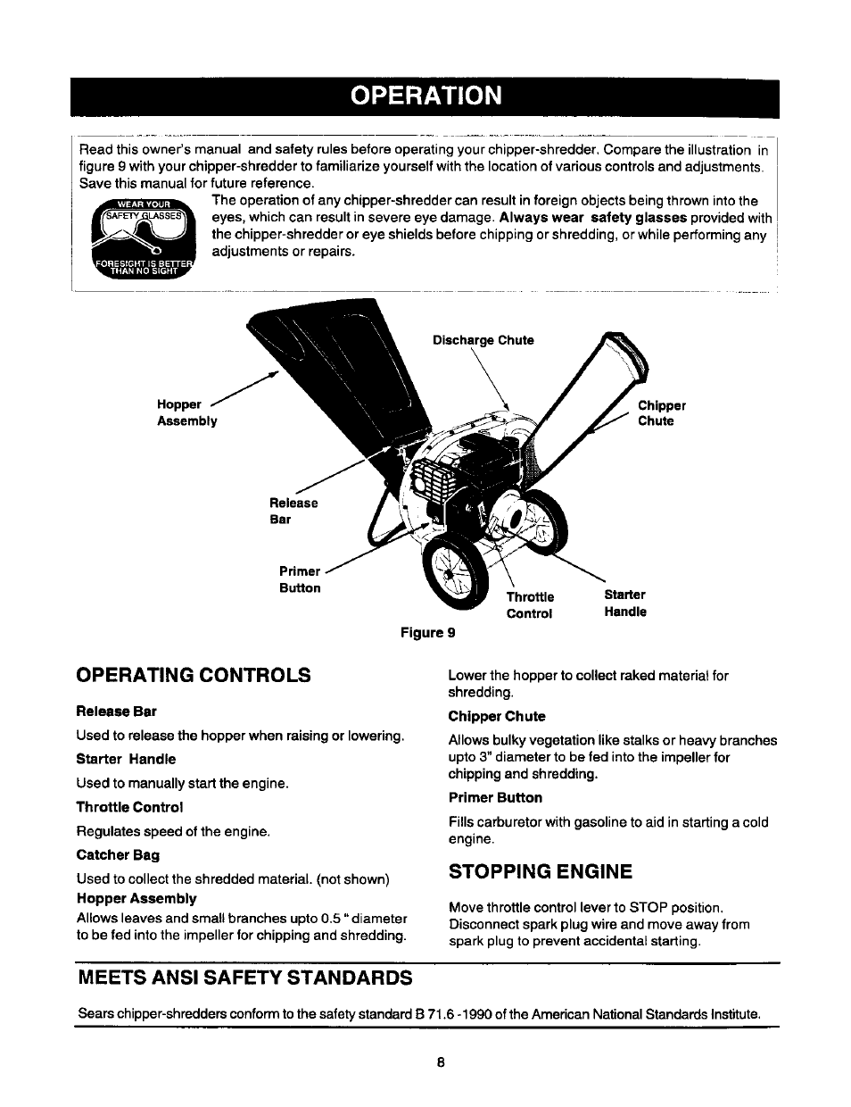 Operating controls, Stopping engine, Meets ansi safety standards | Operation | Craftsman 247.775870 User Manual | Page 8 / 25