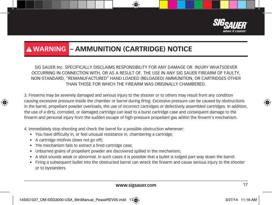 Warning – ammunition (cartridge) notice | SIG SAUER SSG 3000 User Manual | Page 17 / 72