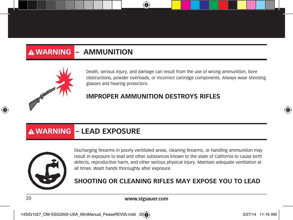 Warning – lead exposure, Warning – ammunition | SIG SAUER SSG 3000 User Manual | Page 20 / 72