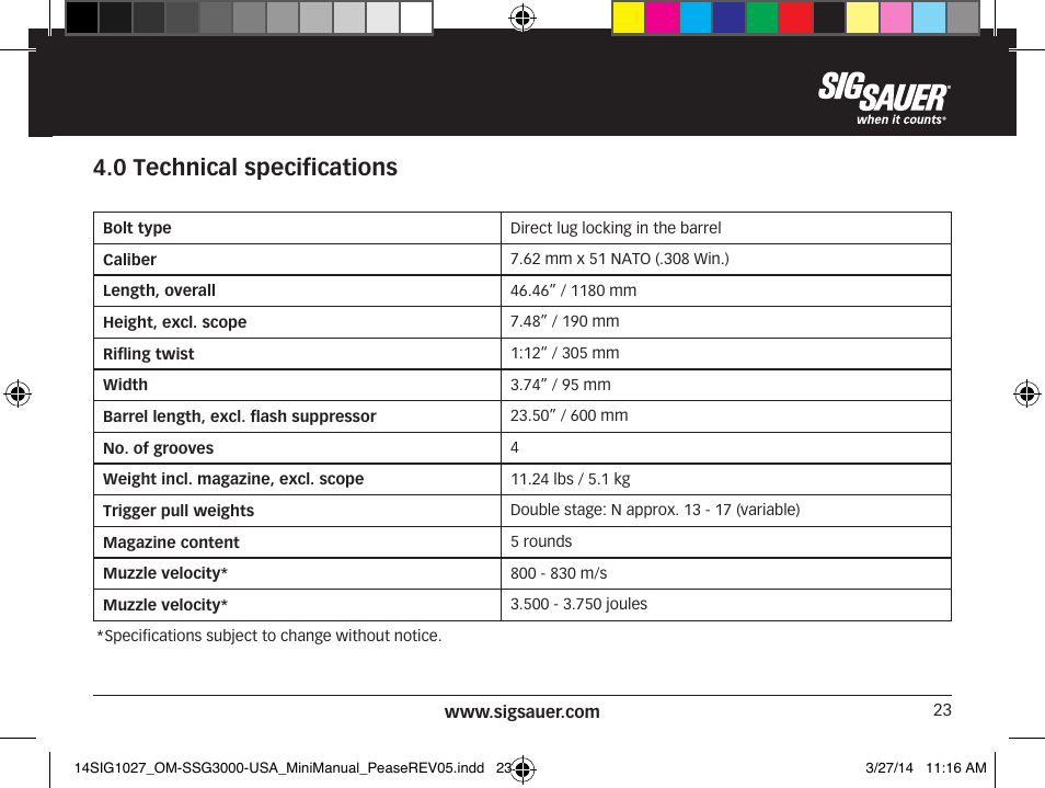 0 technical specifications | SIG SAUER SSG 3000 User Manual | Page 23 / 72