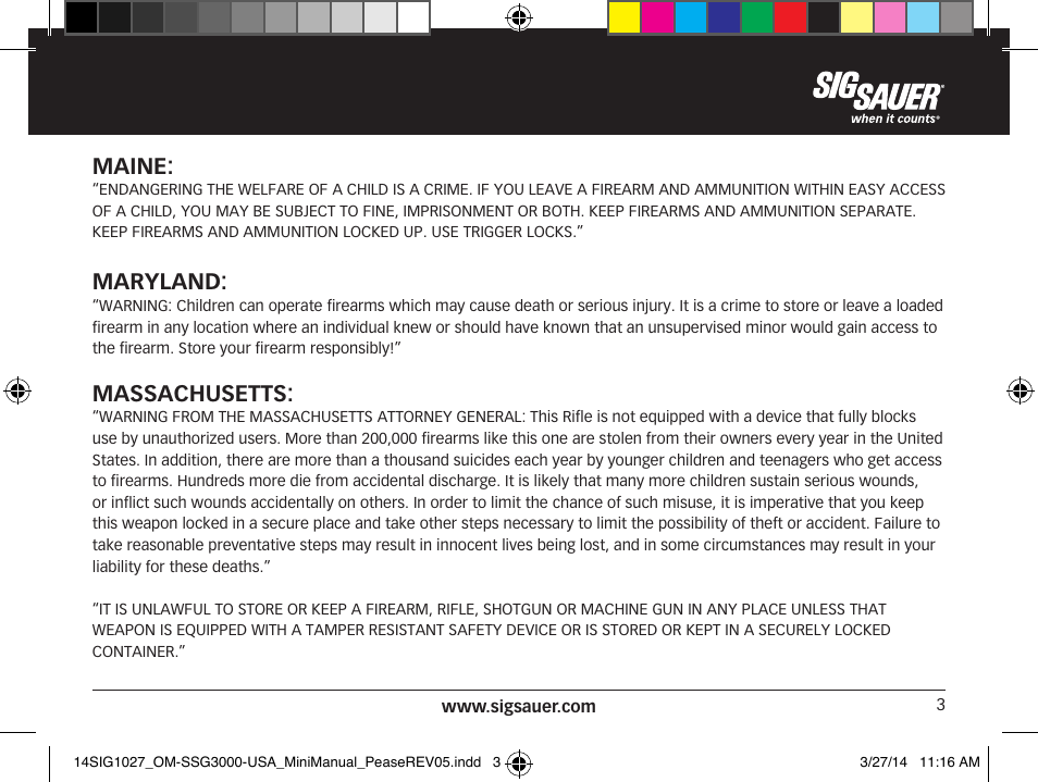 Maine, Maryland, Massachusetts | SIG SAUER SSG 3000 User Manual | Page 3 / 72