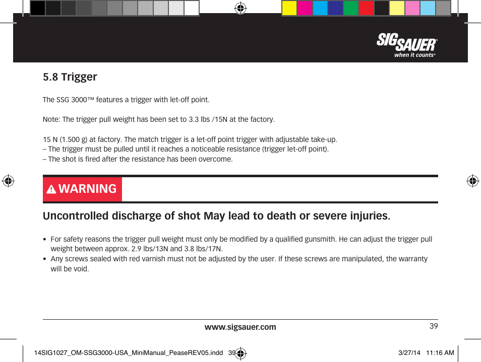 Warning | SIG SAUER SSG 3000 User Manual | Page 39 / 72