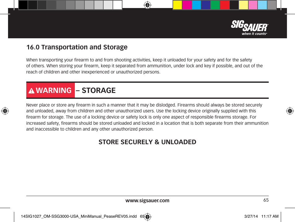 Warning – storage | SIG SAUER SSG 3000 User Manual | Page 65 / 72