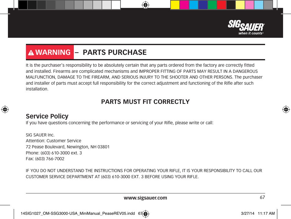 Warning – parts purchase | SIG SAUER SSG 3000 User Manual | Page 67 / 72