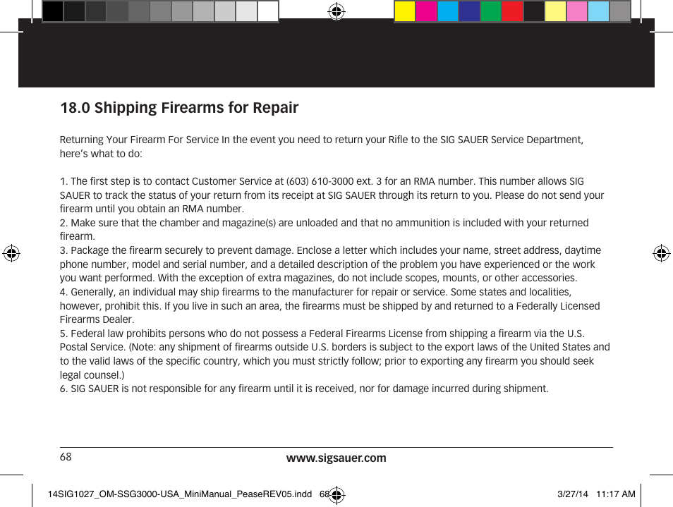 0 shipping firearms for repair | SIG SAUER SSG 3000 User Manual | Page 68 / 72