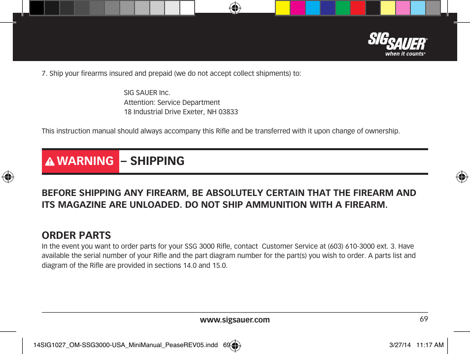 Warning – shipping | SIG SAUER SSG 3000 User Manual | Page 69 / 72