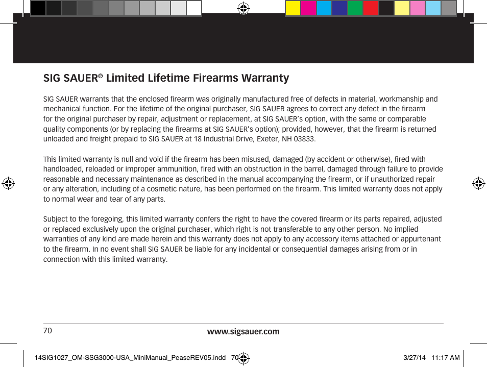 Sig sauer, Limited lifetime firearms warranty | SIG SAUER SSG 3000 User Manual | Page 70 / 72