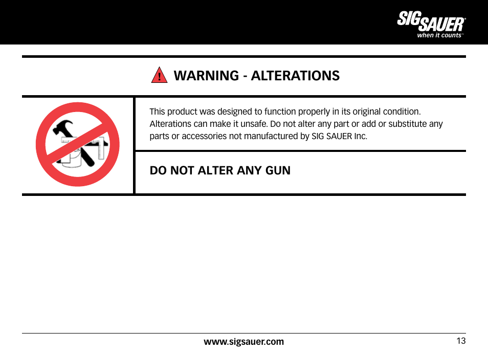 Warning - alterations, Do not alter any gun | SIG SAUER SIG516 Rifle User Manual | Page 13 / 96