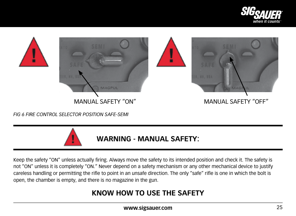 Warning - manual safety, Know how to use the safety | SIG SAUER SIG516 Rifle User Manual | Page 25 / 96