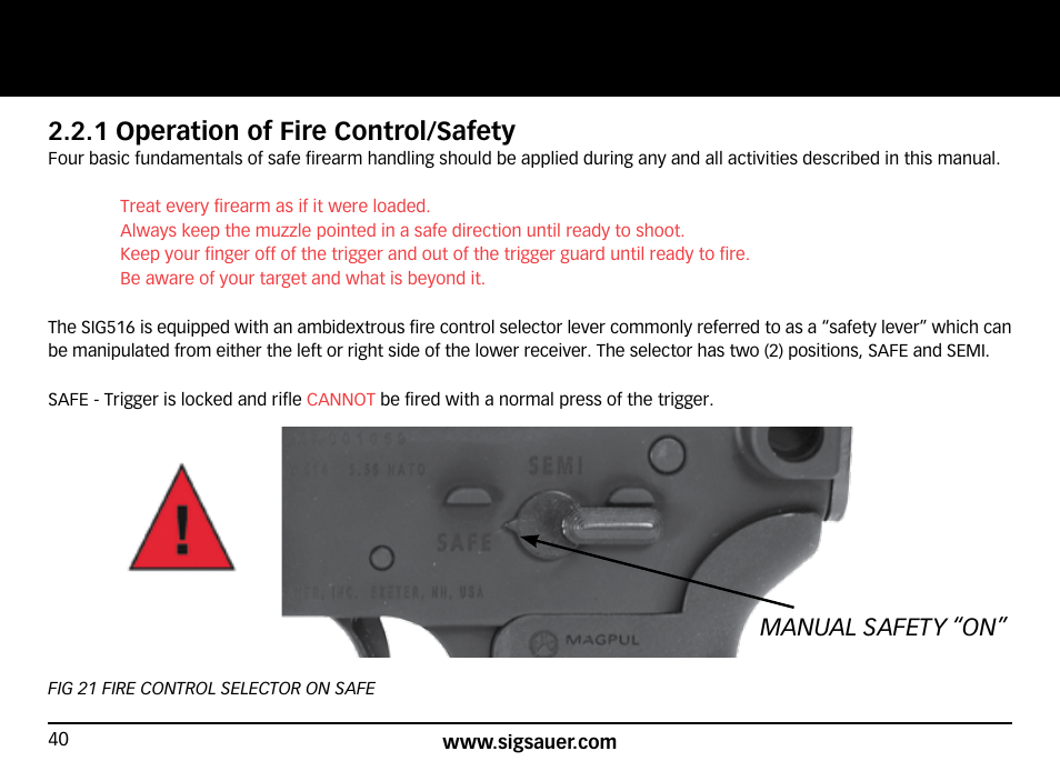 1 operation of fire control/safety, Manual safety “on | SIG SAUER SIG516 Rifle User Manual | Page 40 / 96
