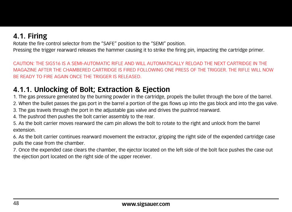 Firing, Unlocking of bolt; extraction & ejection | SIG SAUER SIG516 Rifle User Manual | Page 48 / 96