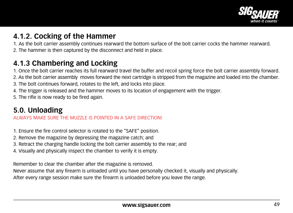 Cocking of the hammer, 3 chambering and locking, Unloading | SIG SAUER SIG516 Rifle User Manual | Page 49 / 96