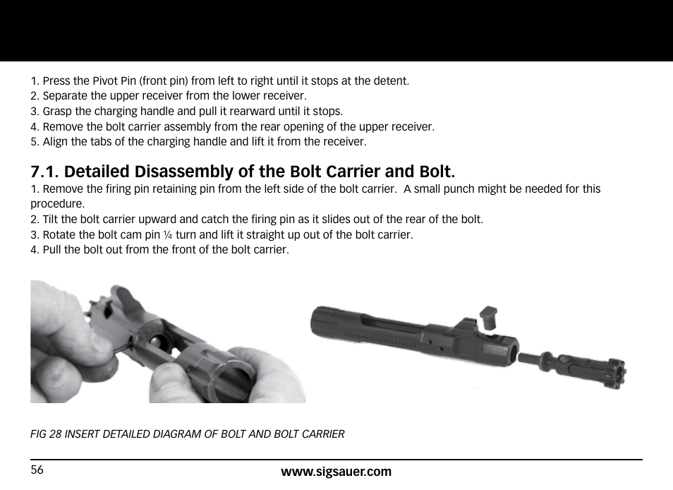 Detailed disassembly of the bolt carrier and bolt | SIG SAUER SIG516 Rifle User Manual | Page 56 / 96