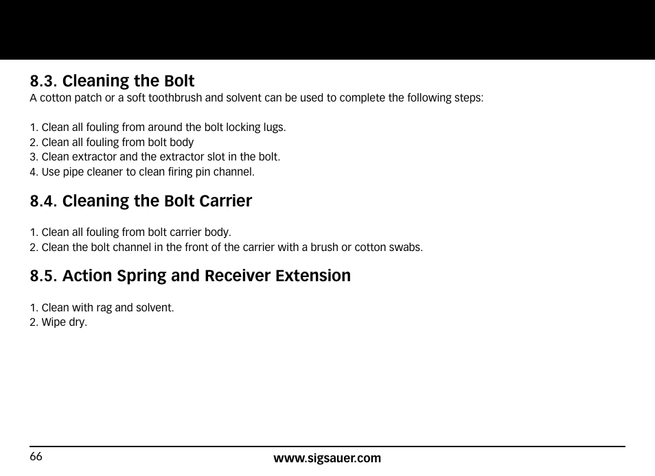 Cleaning the bolt, Cleaning the bolt carrier, Action spring and receiver extension | SIG SAUER SIG516 Rifle User Manual | Page 66 / 96