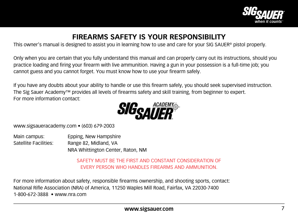 Firearms safety is your responsibility | SIG SAUER SIG516 Rifle User Manual | Page 7 / 96