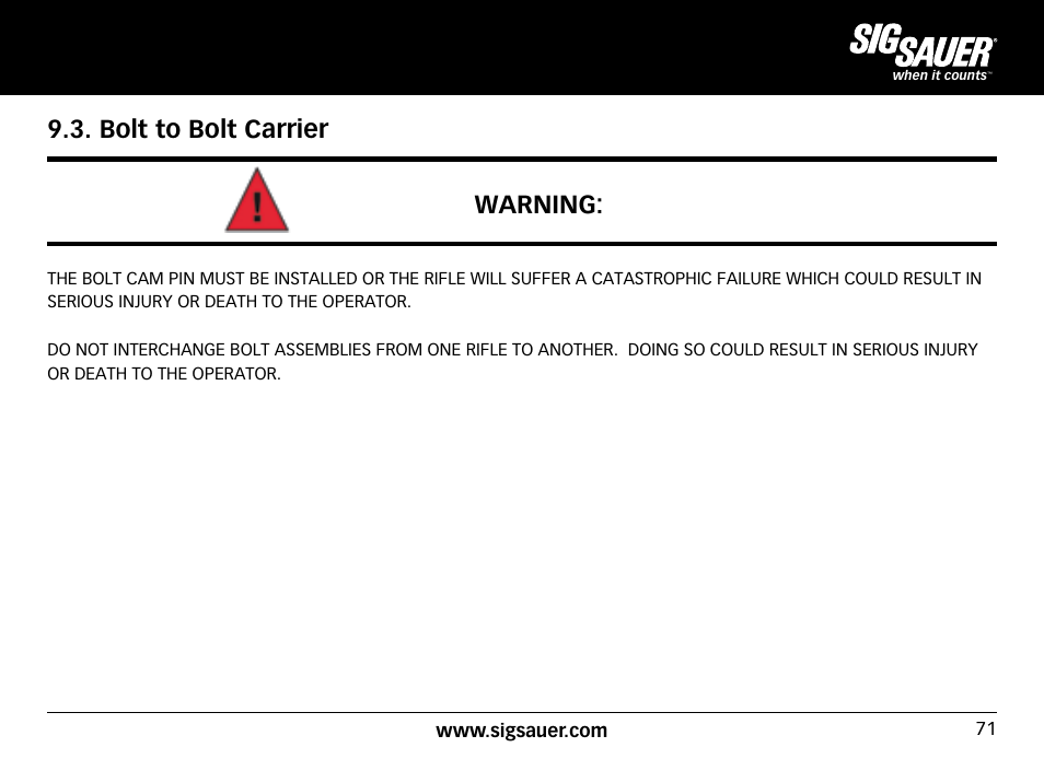 Bolt to bolt carrier warning | SIG SAUER SIG516 Rifle User Manual | Page 71 / 96