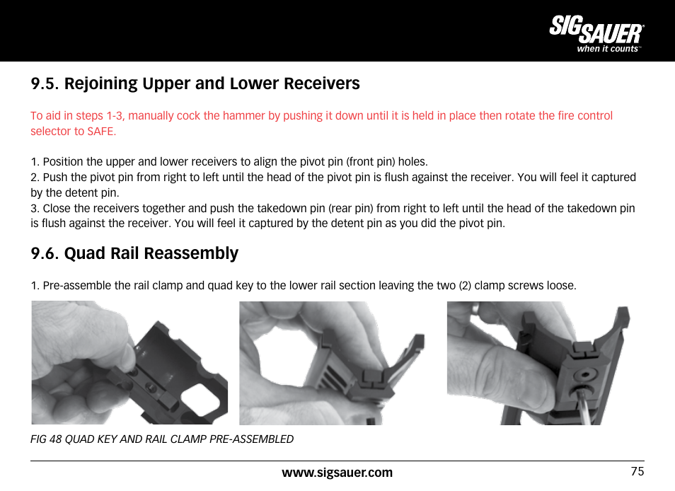 Rejoining upper and lower receivers, Quad rail reassembly | SIG SAUER SIG516 Rifle User Manual | Page 75 / 96