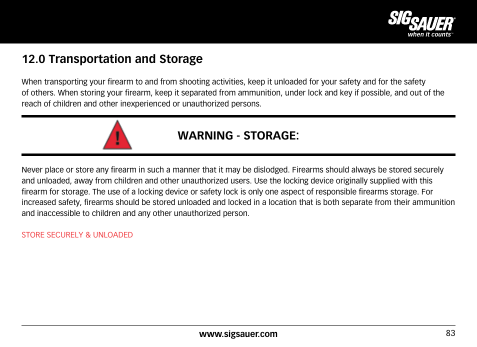 0 transportation and storage, Warning - storage | SIG SAUER SIG516 Rifle User Manual | Page 83 / 96