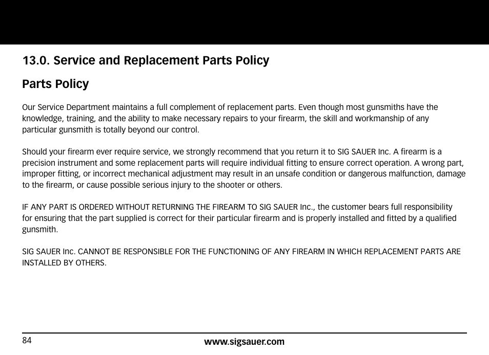 Service and replacement parts policy parts policy | SIG SAUER SIG516 Rifle User Manual | Page 84 / 96
