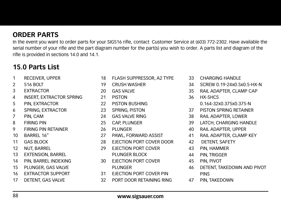 Order parts, 0 parts list | SIG SAUER SIG516 Rifle User Manual | Page 88 / 96