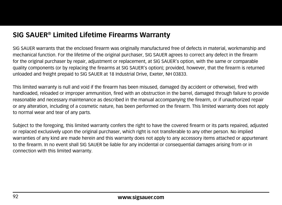 Sig sauer, Limited lifetime firearms warranty | SIG SAUER SIG516 Rifle User Manual | Page 92 / 96