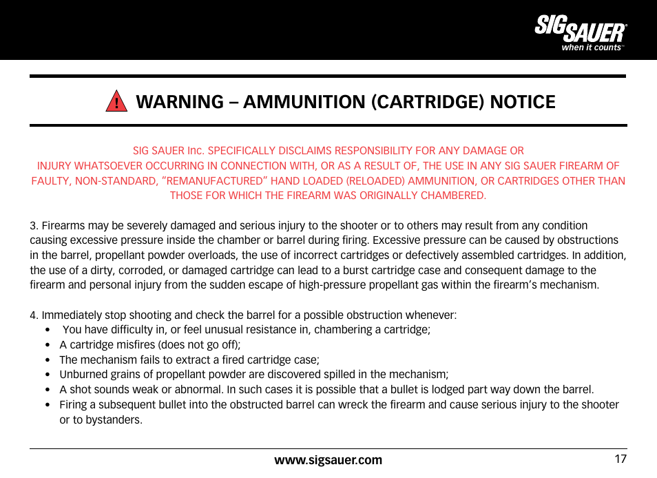 Warning – ammunition (cartridge) notice | SIG SAUER SIG716 Rifle User Manual | Page 17 / 96