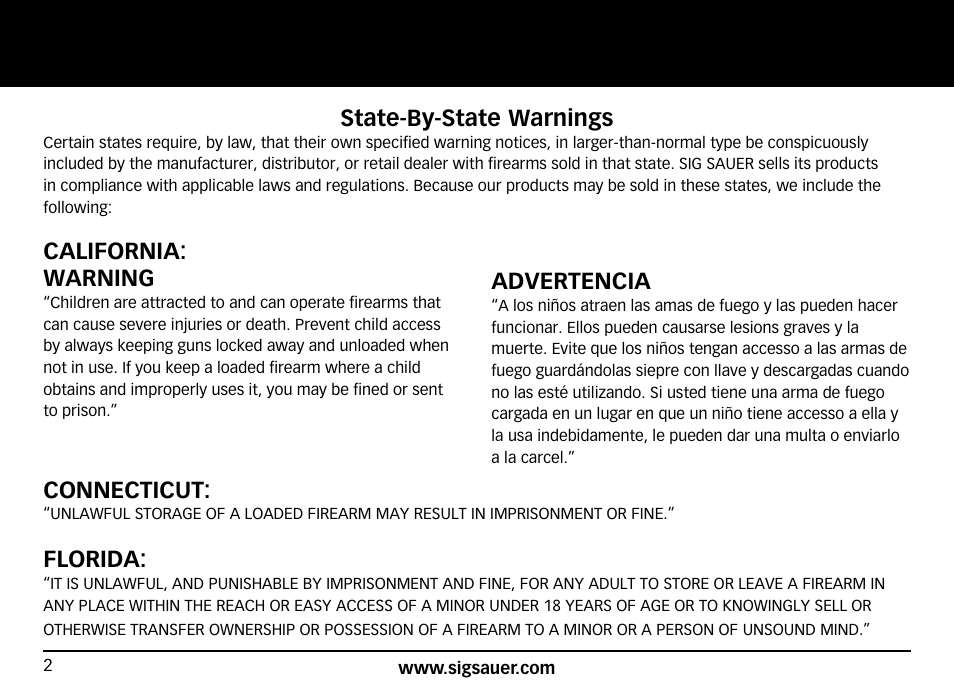 State-by-state warnings, California: warning, Advertencia | Connecticut, Florida | SIG SAUER SIG716 Rifle User Manual | Page 2 / 96