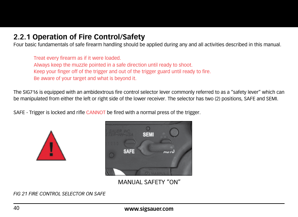 1 operation of fire control/safety | SIG SAUER SIG716 Rifle User Manual | Page 40 / 96