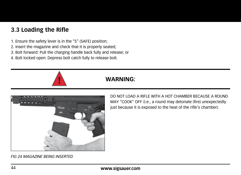 3 loading the rifle, Warning | SIG SAUER SIG716 Rifle User Manual | Page 44 / 96
