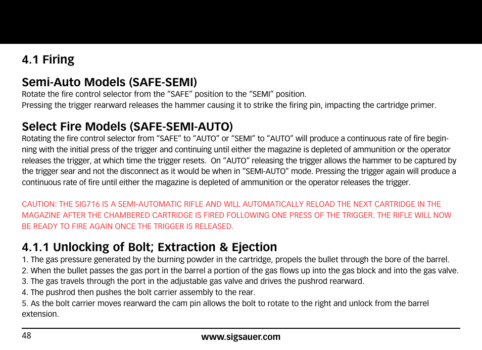 1 firing semi-auto models (safe-semi), Select fire models (safe-semi-auto), 1 unlocking of bolt; extraction & ejection | SIG SAUER SIG716 Rifle User Manual | Page 48 / 96