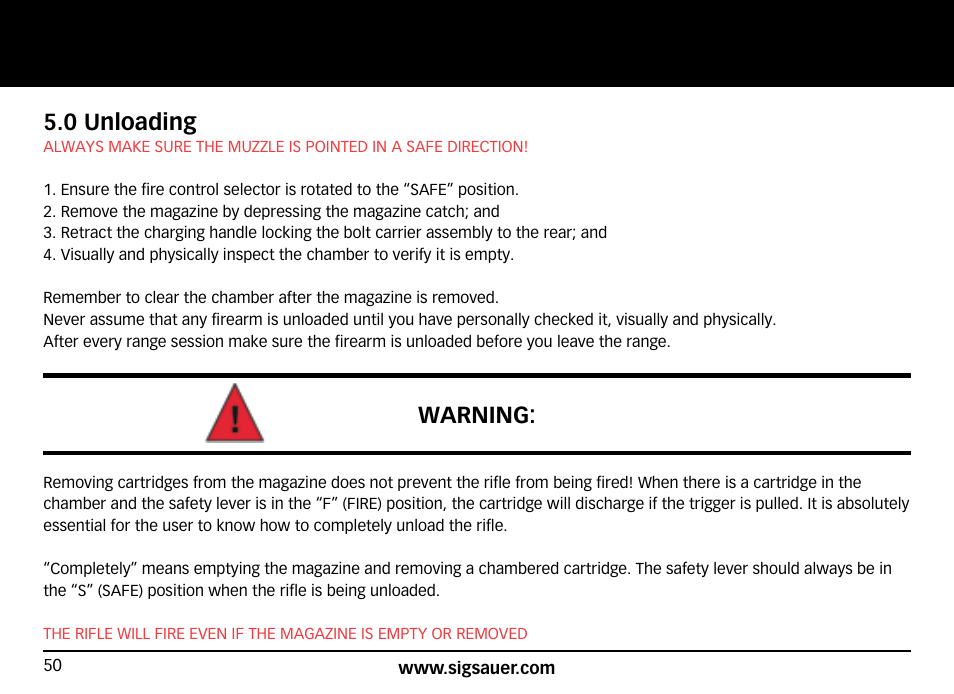 0 unloading, Warning | SIG SAUER SIG716 Rifle User Manual | Page 50 / 96