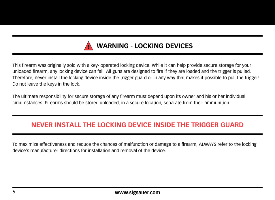Warning - locking devices | SIG SAUER SIG716 Rifle User Manual | Page 6 / 96